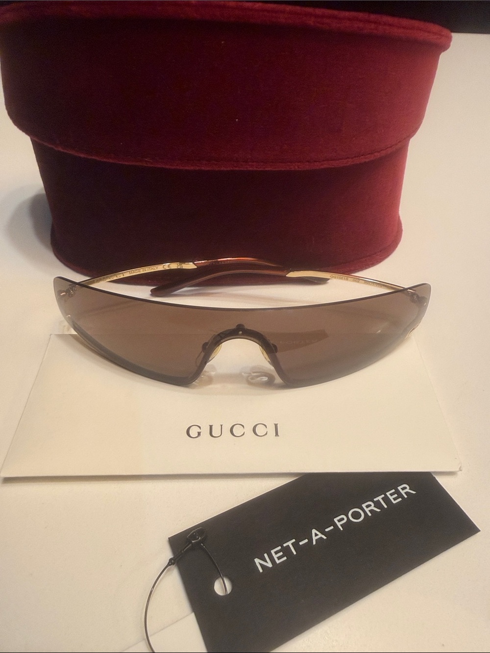 Gucci Women’s Brown Gradient Shield Sunglasses with Gold Temple Accents